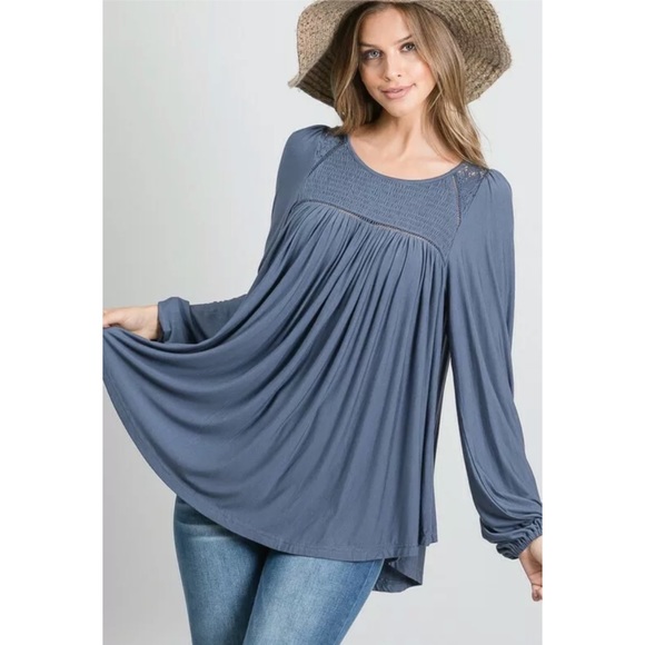 SOLD OUT Steel Blue Modal Long Sleeve Smocked Lace Tunic - Picture 2 of 6